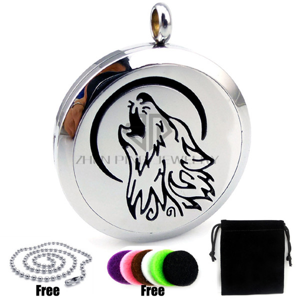 Round Silver Wolf (30mm) Perfume Diffuser Locket Pendant With Chain Essential Oil Fragrance Perfume Pendant Necklace