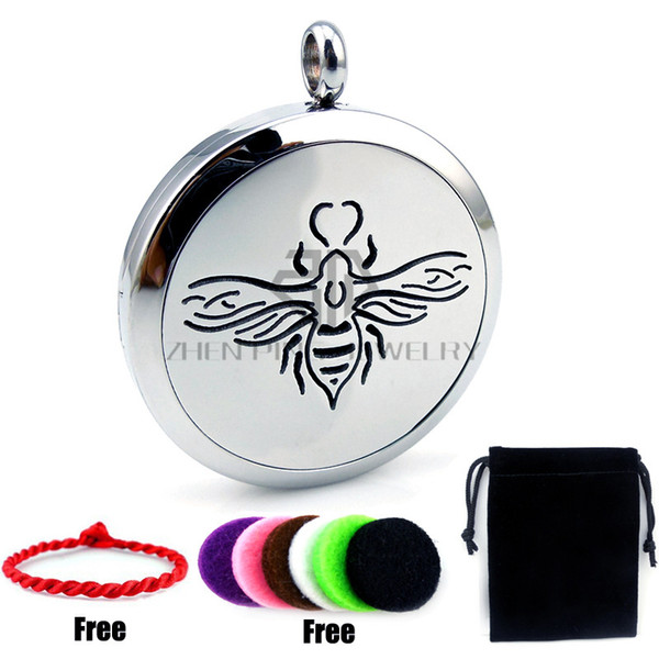 Chain as gift! Round Silver Bee (30mm)Free Red String Bracelet and Pads Essential Oils Locket Aromatherapy Locket