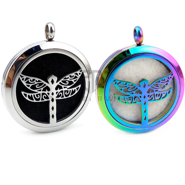 Round Silver Dragonfly (30mm) Essential Oils Lockets 316 Stainless Steel Perfume Diffuser Lockets Aromatherapy Lockets with Chain