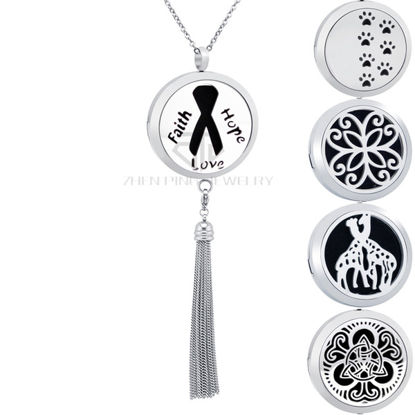 30mm Stainless Steel Aromatherapy Difuuser Locket Faith Hope Love Design Essential Oil Diffuser Locket Pendant with Tassels