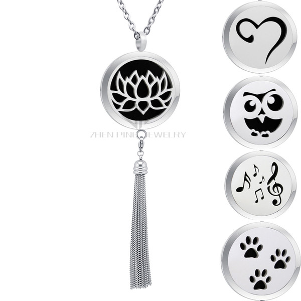 Silver 30mm Lotus Design Stainless Steel Essential Oil Tassels Diffuser Locket Pendant Aromatherapy Metal Fringe Dangle Perfume Necklace