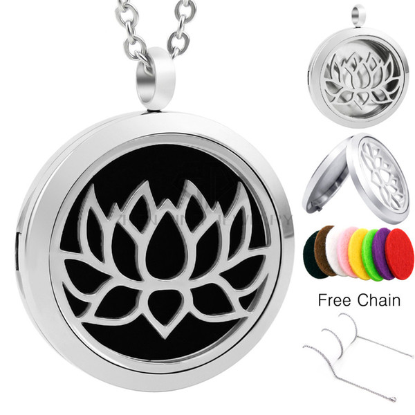 Chain as gift! New Silver Lotus 30mm Magnetic Diffuser Locket Essential Oils Perfume Diffuser Locket Stainless Steel Necklace