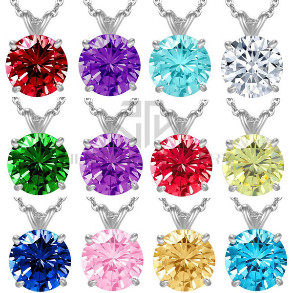 Free shipping 12 colors birthstone round cubic zircon white pendant necklace 17.5''+1.9'' extra chain