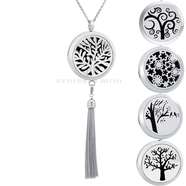 Tree Design Stainless Steel 30mm Silver Essential Oil Tassels Diffuser Locket Pendant Aromatherapy Fringe Dangle Perfume Necklace