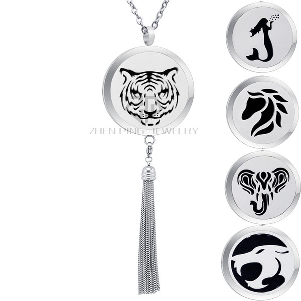 Free Chain Tiger Essential Oil Perfume Locket with Fringe Desgin Pendant Aromatherapy Diffuser Locket Stainless Steel Tassels Necklace