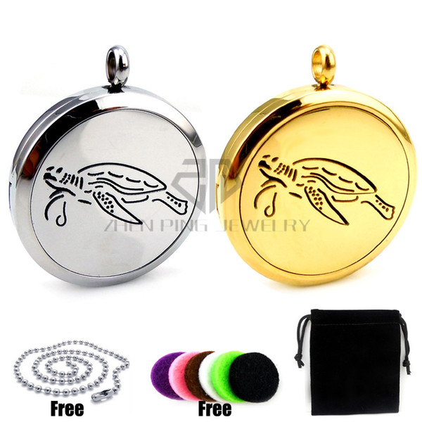 Round Silver and Gold Turtle (30mm) Aromatherapy / Essential Oils Stainless Steel Magnet Perfume Lockets and Free Chain