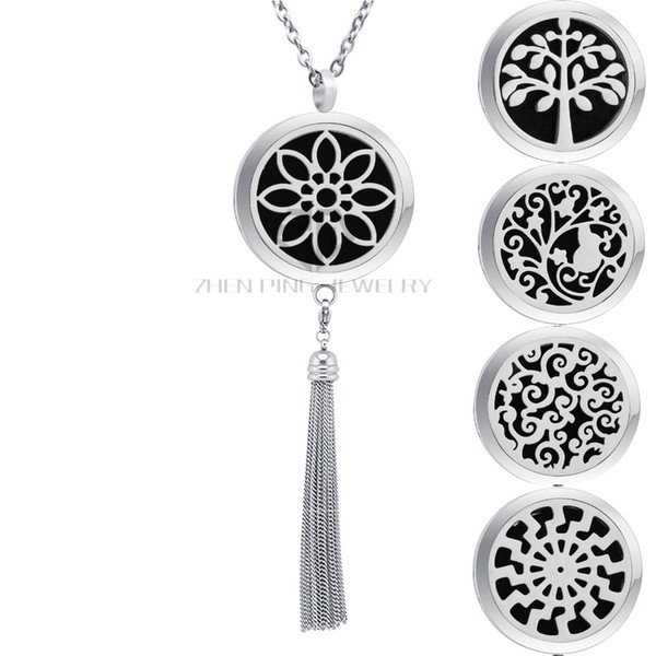 Flower 30mm Stainless Steel Essential Oil Perfume Locket Pendant with Tassels Design Aromatherapy Fringe Dangle Perfume Necklace