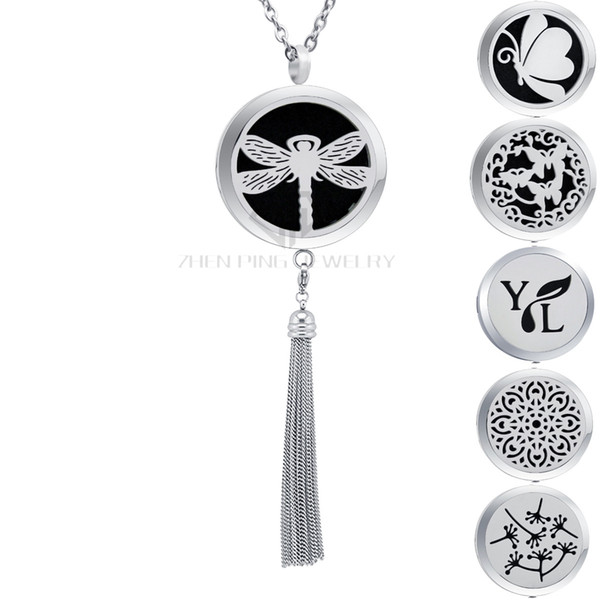 Silver 30mm Dragonfly Aroma Perfume 316L Stainless Steel YL Essential Oil Diffuser Locket Pendant with Tassel Design Fragrance Necklace