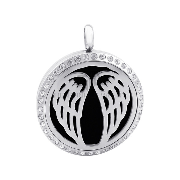 Round Silver Wing (30mm) Essential Oils Stainless Steel Necklace Perfume Diffuser Locket with Crystal Aromatherapy Locket Necklace