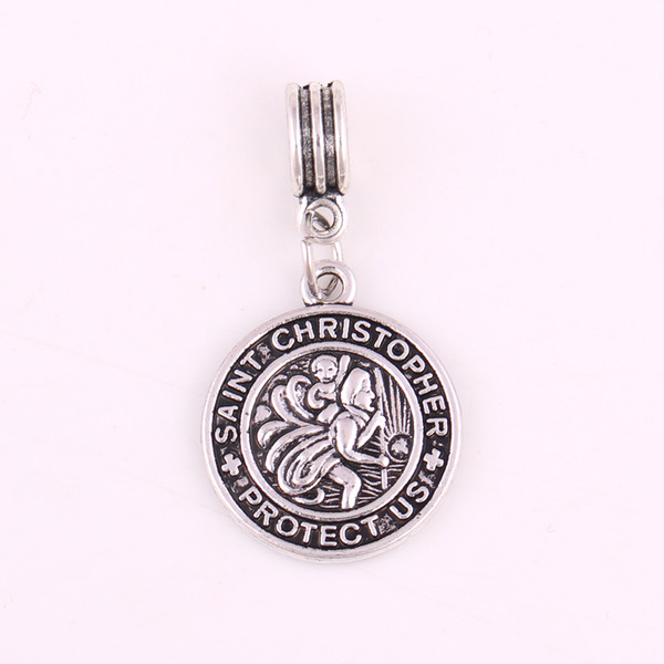 Antique Silver Plated ST Michael Pray For Us Saint Christopher Protect Us Word Medal Charm Pendent