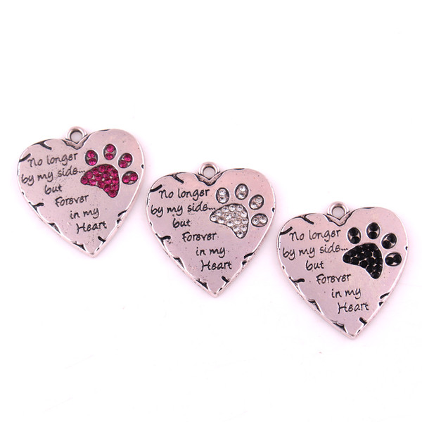 Drop Shipping Pink Black Crystal Necklace No Long By My Side But Forever In My Heart Cats Claw Footprint Dogs Paws Heart shape Pendent