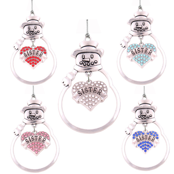 Christmas Gift Jewelry Center Of Metal SnowMan Crystal Heart SISTER Christmas Ornament Pendant Family Member Jewelry