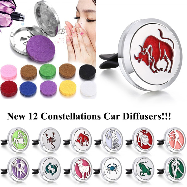 New 12 Constellations Lockets Pendants 30mm Essential Oil Diffuser Aromatherapy Car Diffuser Car Air Freshener with 1pcs Pad