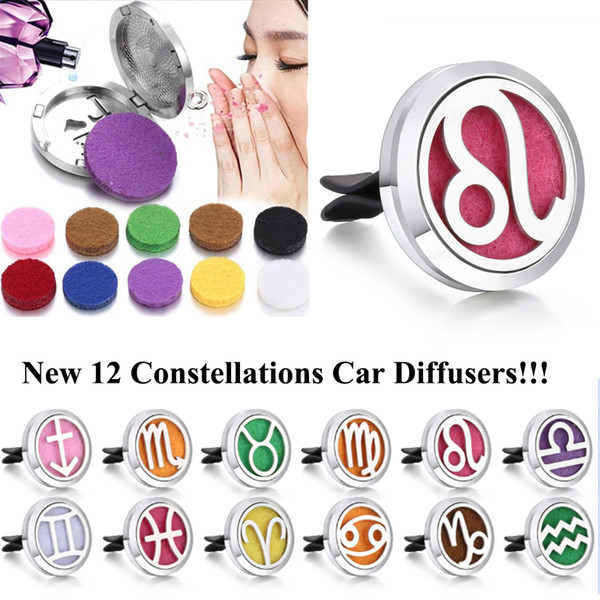 New 12 Constellations Car Essential Oil Diffuser Perfume Locket Car Diffuser Vent Clip Magnetic Lockets Pendants Necklace