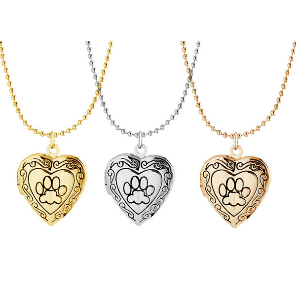 New Lockets Necklace Valentine Lover Gift Animal Dog Paw Print Photo Frames Can Open Locket Necklaces Gold Heart Pendants Necklace Women