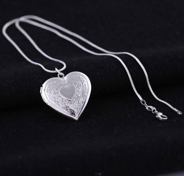 Silver Plated 925 Lockets Pendant Necklaces Heart Carved Charm Photo Frames Can Open Locket Necklace Valentine's Day Gift For Women Girl