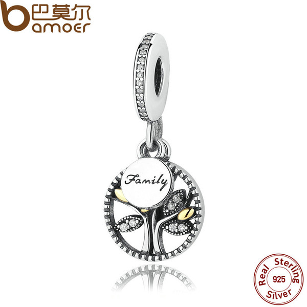 Sterling Silver FAMILY TREE Pendant Charm for Pandora style Bracelet and Necklace DANGLE AND CLEAR CUBIC ZIRCONIA CHARM