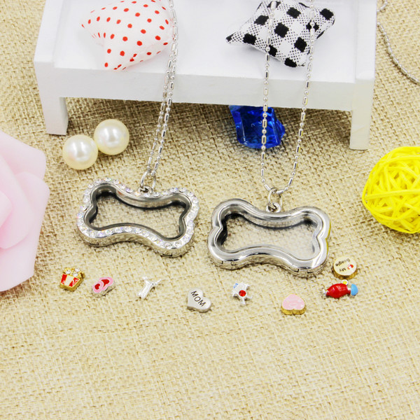 Small wholesale dog bone shape magnetic crystal DIY floating memory living locket pendant gift for hot selling retailer with free chains