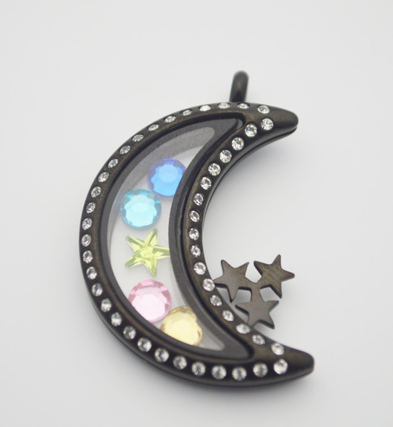 Hot Sell Stainless Steel CZ Black Moon and Star Glass Memory Locket Charm Moon Shaped Magnetic Glass Floating Locket With Crystal