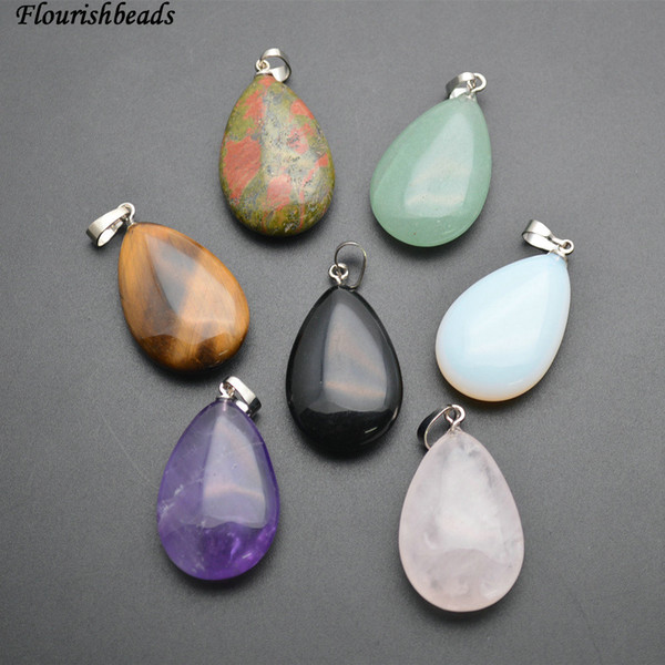 Natural Stone Flat Drop Pear Shape Pendants ( Amethyst / Tiger Eye / Rose Quartz Aventurine Opal Unakite Black Agate)