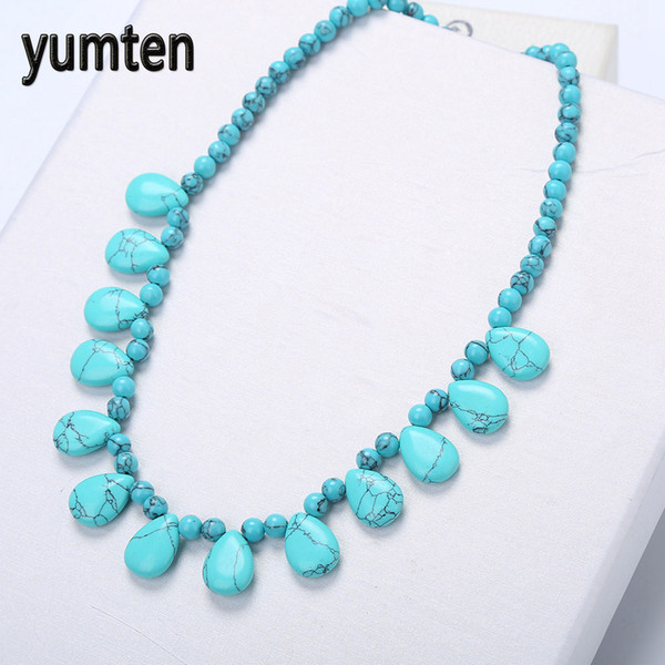 Yumten Nature Turquoise Women Statement Necklace Ladies Body Jewellery Girls Beautiful Short Necklace Fine Jewelry Bijoux Femme