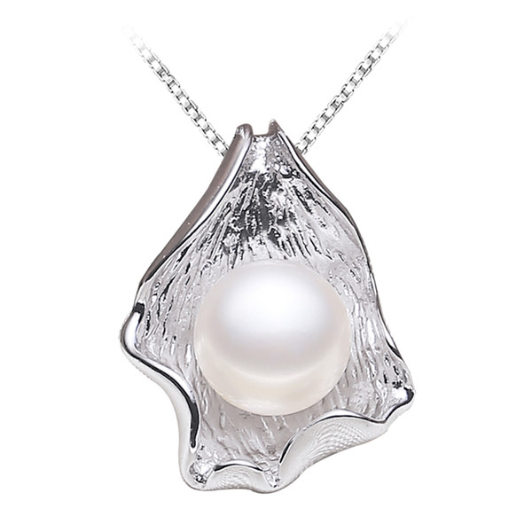 Silver Lotus Leaf Half Round Natural White Pearl 925 Sterling Silver Pendant