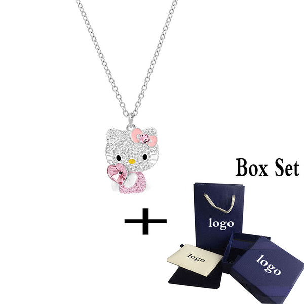 SWA RO New HELLO KITTY HEART Necklace Cute Pink Glamorous Clavicle Shiny Crystal Necklace For Girlfriend Romantic Birthday Gifts