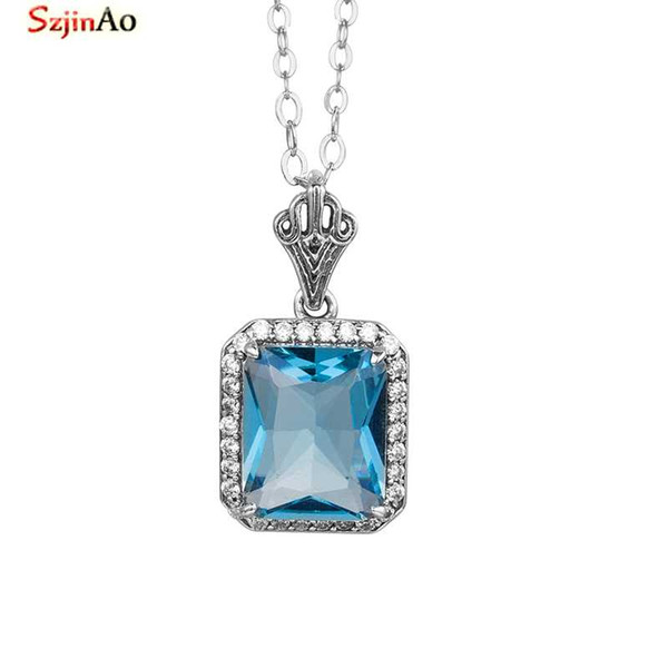 SzjinAo Created Aquamarine Stone Crystal Pendant 925 Sterling Silver Jewelry October Birthstone Vintage Fashion Necklace Pendant