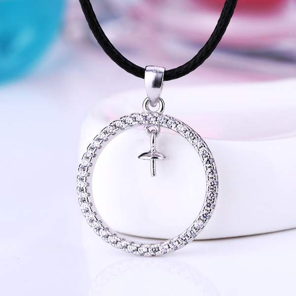 Sterling Silver 925 Women Pendant Crystal 6-10mm Pearl or Round Bead Semi Mount Pendant Fine Jewelry Setting