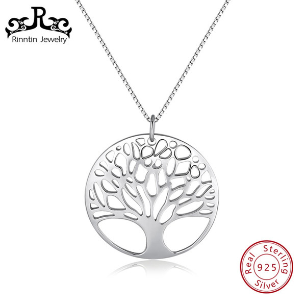 Rinntin Genuine 925 Real Sterling Silver Women Pendants With Chain Europe Hollowed Life Tree Female Jewelry Brincos Gift TSN90