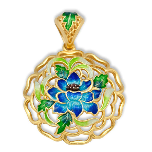 Cloisonne Enamel 925 Sterling Silver Hollow Louts Flower Pendant