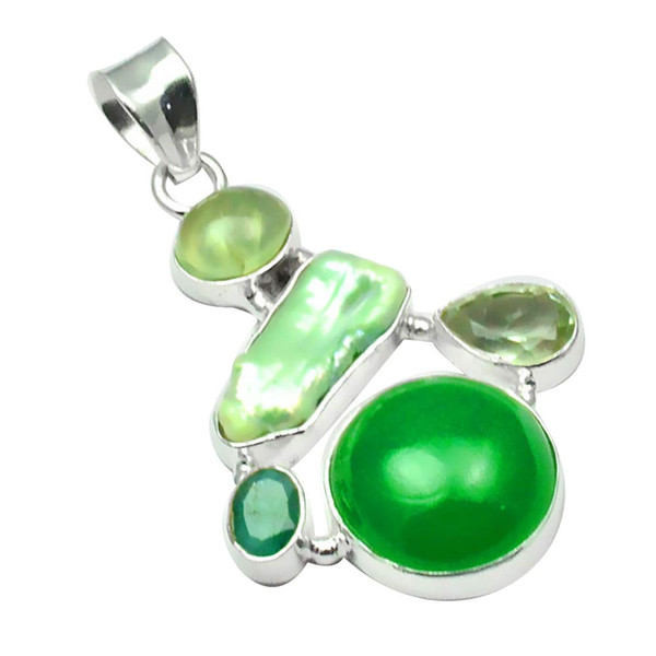 NiaoZaiFei YunZaiKan Genuine Green Onyx + Biwa Pearl + Green Amethyst Prehnite Pendant 925 Sterling Silver, 46.9 mm, 2SP0152