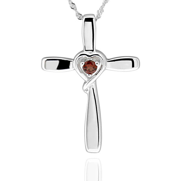 Sterling Silver Round Garnet Cross Pendant Necklace 17