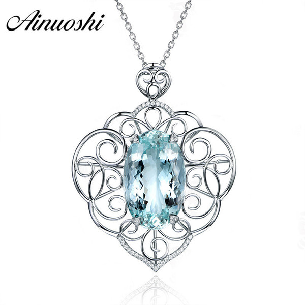 AINUOSHI 1ct Oval Cut Heart Pendant Necklace Pure 925 Sterling Silver Natural Sky Blue Topaz Link Chain Jewelry Gift for Female