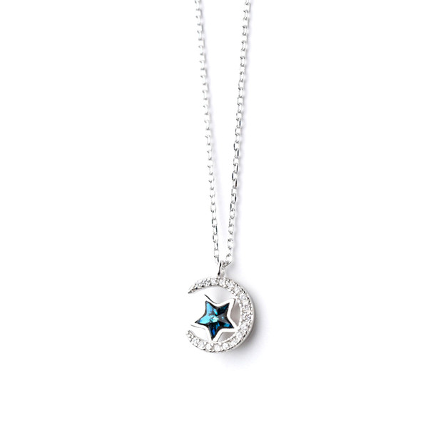 925 Sterling Silver Pure S925 Silver Necklace Female Korean Fashion Blue Star Moon Pendnat Lady Clavicle Chain Jewelry For Women