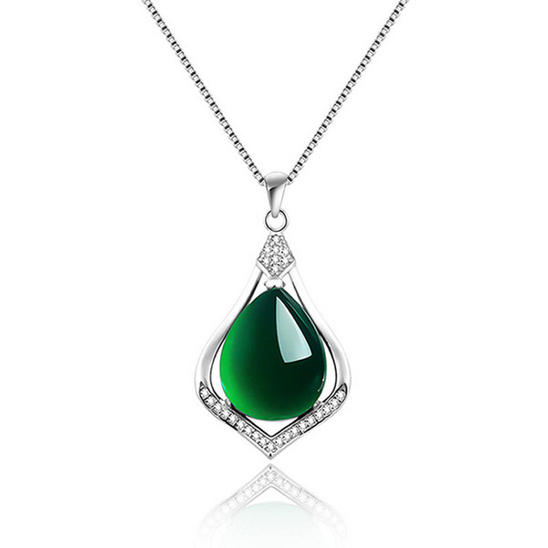 Real 925 Sterling Silver Natural Jade Link Chains Pendants Necklaces for Women Sterling-Silver-Jewelry Brand Pendant water drop