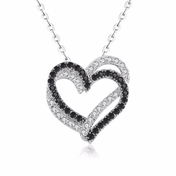 Silver Necklace Fine Genuine 100% 925 Sterling Silver Necklace Women Jewelry Heart Black&White Stone Pendants P107