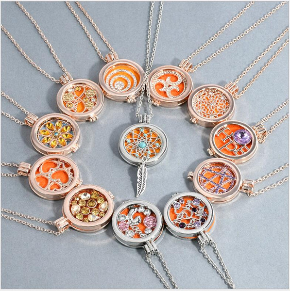 12 Designs Mix Aromatherapy Essential Oil Diffuser Necklace Locket Pendant with Rhinestone Long Chain Jewelry Free shipping