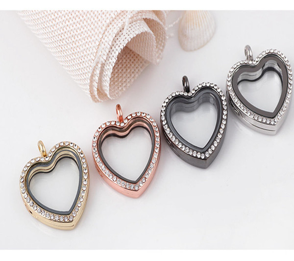 hot sale 4Colors 30mm Heart Memory Locket Necklaces Rhinestone Floating Locket with Free Chain Mix DIY necklaces