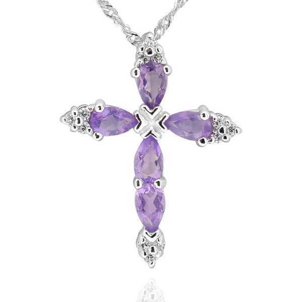 Sterling Silver Pear Shaped Amethyst Cross Pendant Necklace 17