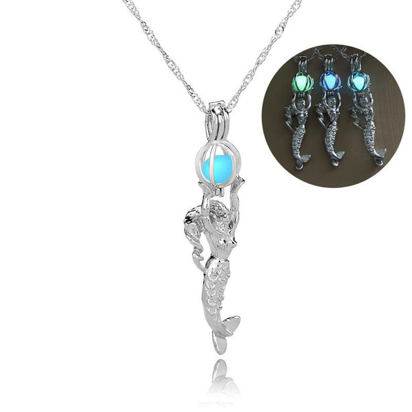 Fashion glow in the dark necklaces Hollow luminous Open Mermaid pearl cage pendants Lockets Charm necklace For women s Jewelry gifts