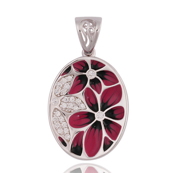 Enamel Ellipse Epoxy Red Flowers CZ 925 Silver Pendant