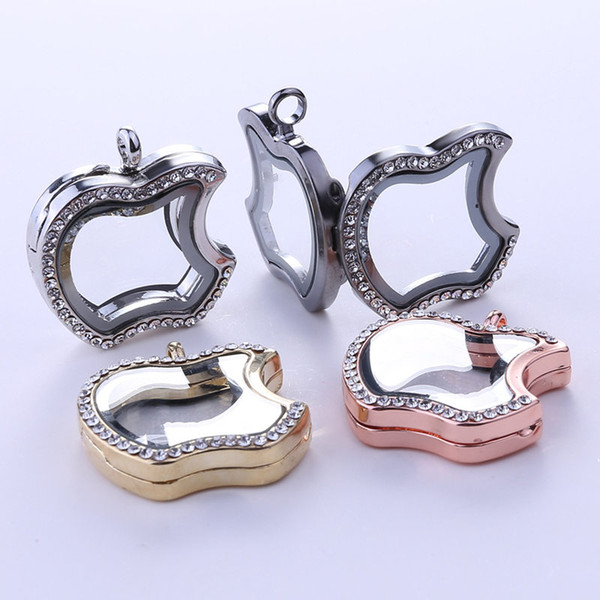 Apple Floating Locket Pendants Living Memory photo Glass Crystal box model floating charm lockets part of necklace keychain jewelry 160702