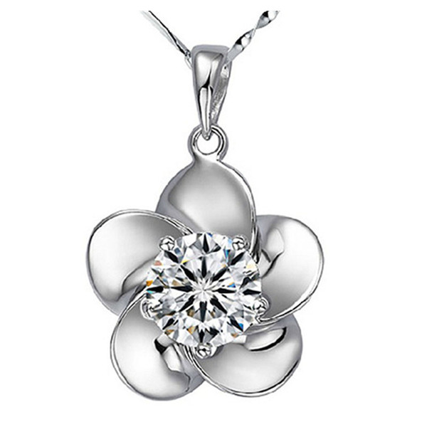 Round Cut CZ Flower Pendant S925 Silver White Gold Plated Girl Love Best Birthday Jewelry Gift