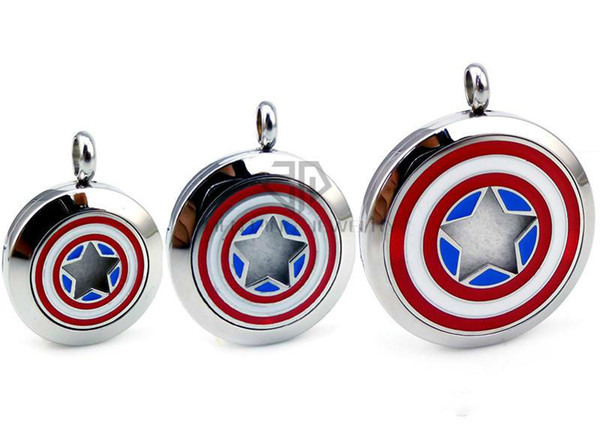 Chains As Gift Round Silver Captain America Logo (30mm) Stainless Steel Essential Oils Diffuser Aromatherapy Lockets with Free Pads