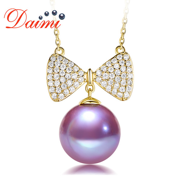 DAIMI 10.5-11mm Natural Pearl Pendant Necklace Genuine 925 Silver Bow-knot Pendant Round Purple Pearl Necklace for Women