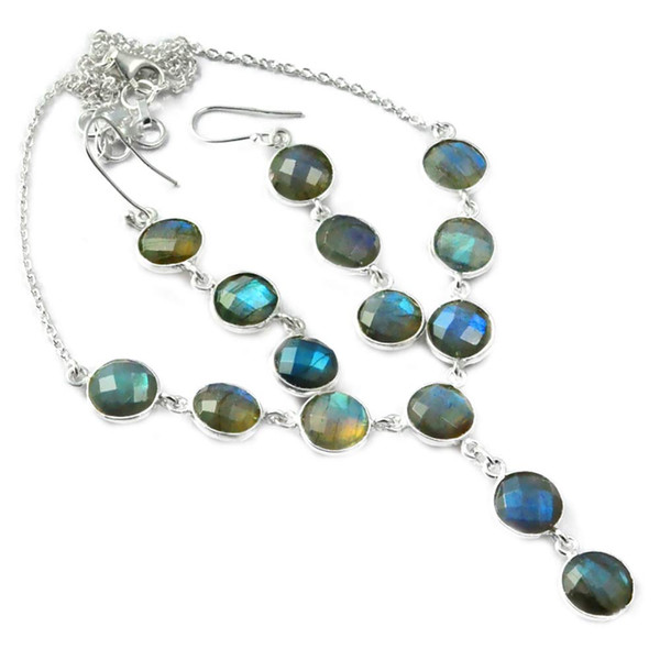 NiaoZaiFei YunZaiKan Nature Labradorite Necklace set 925 Sterling Silver, 43 cm, 2SN0009