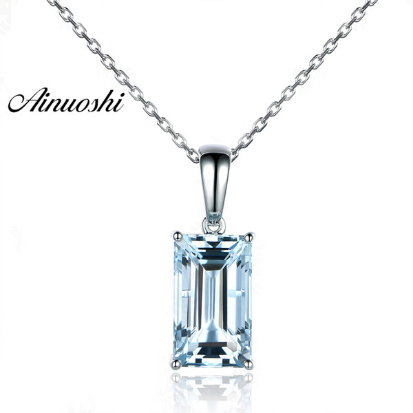 AINUOSHI Pure 925 Sterling Silver Topaz Pendant Necklace 4ct Emerald Cut Natural Sky Blue Topaz Pendant Jewelry Gift for Woman