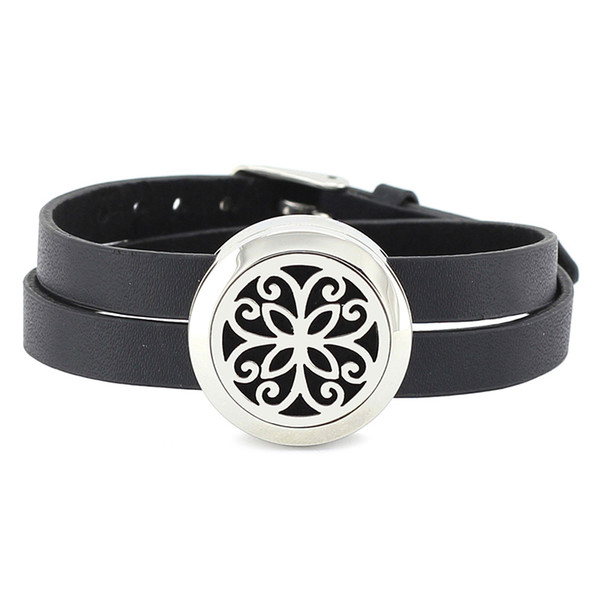 Wholesale 25mm stainless steel twisted-off silver color essential oil diffusing aroma locket bracelet with leather band