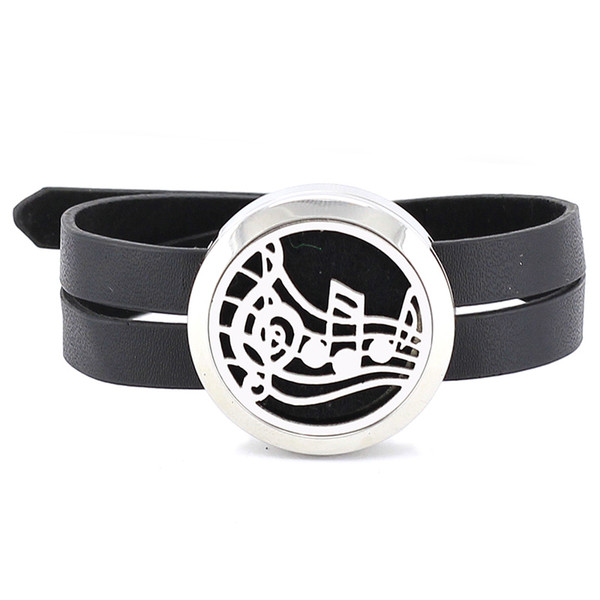 Free with felt pads! Hot 30mm stainless steel twisted-off essential oil diffusing perfume locket wrap bracelet with black leather band